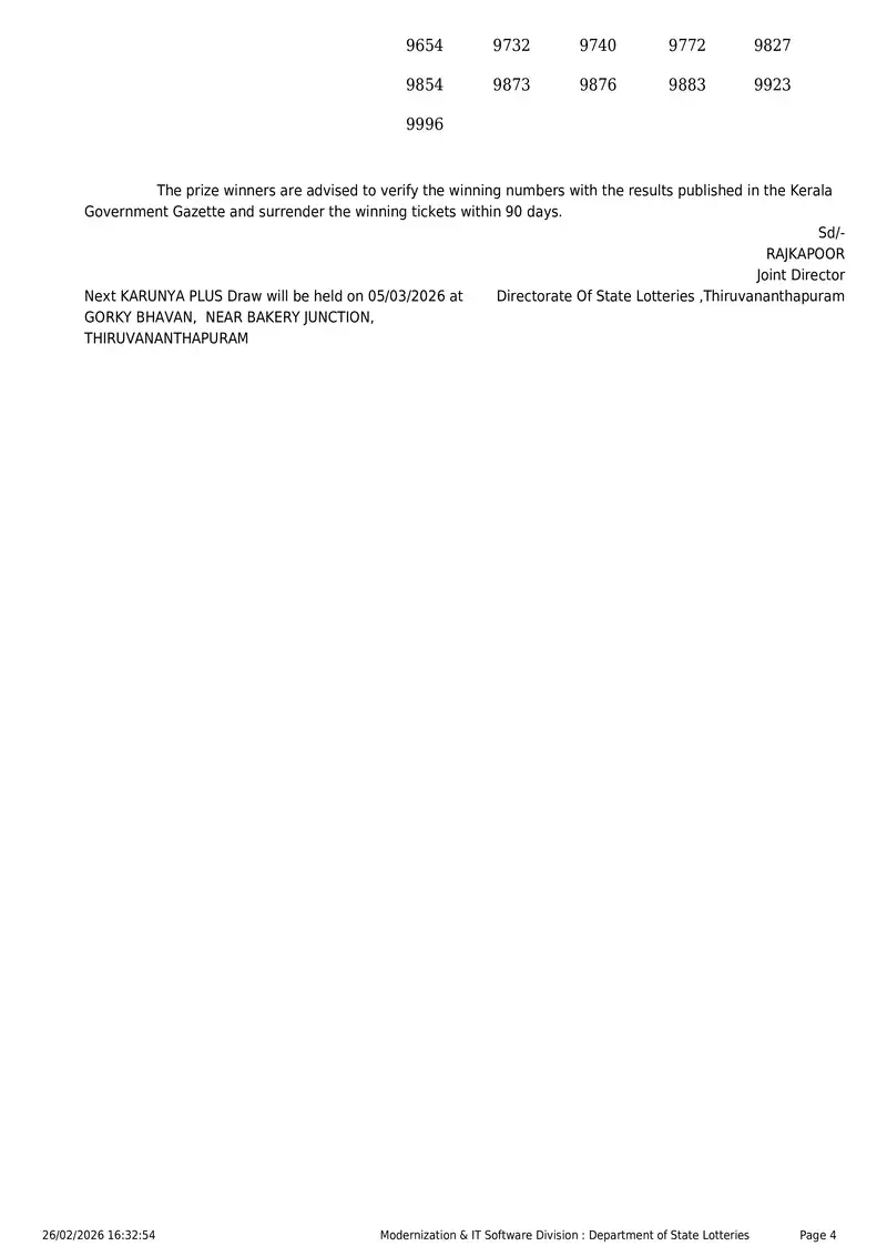 Kerala Lottery 3PM Result Page 4 - February 26, 2026