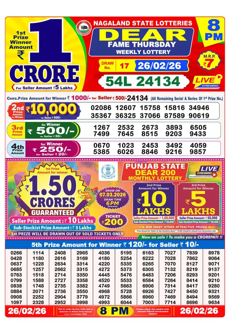 Lottery Sambad 26.02.26 8PM Result