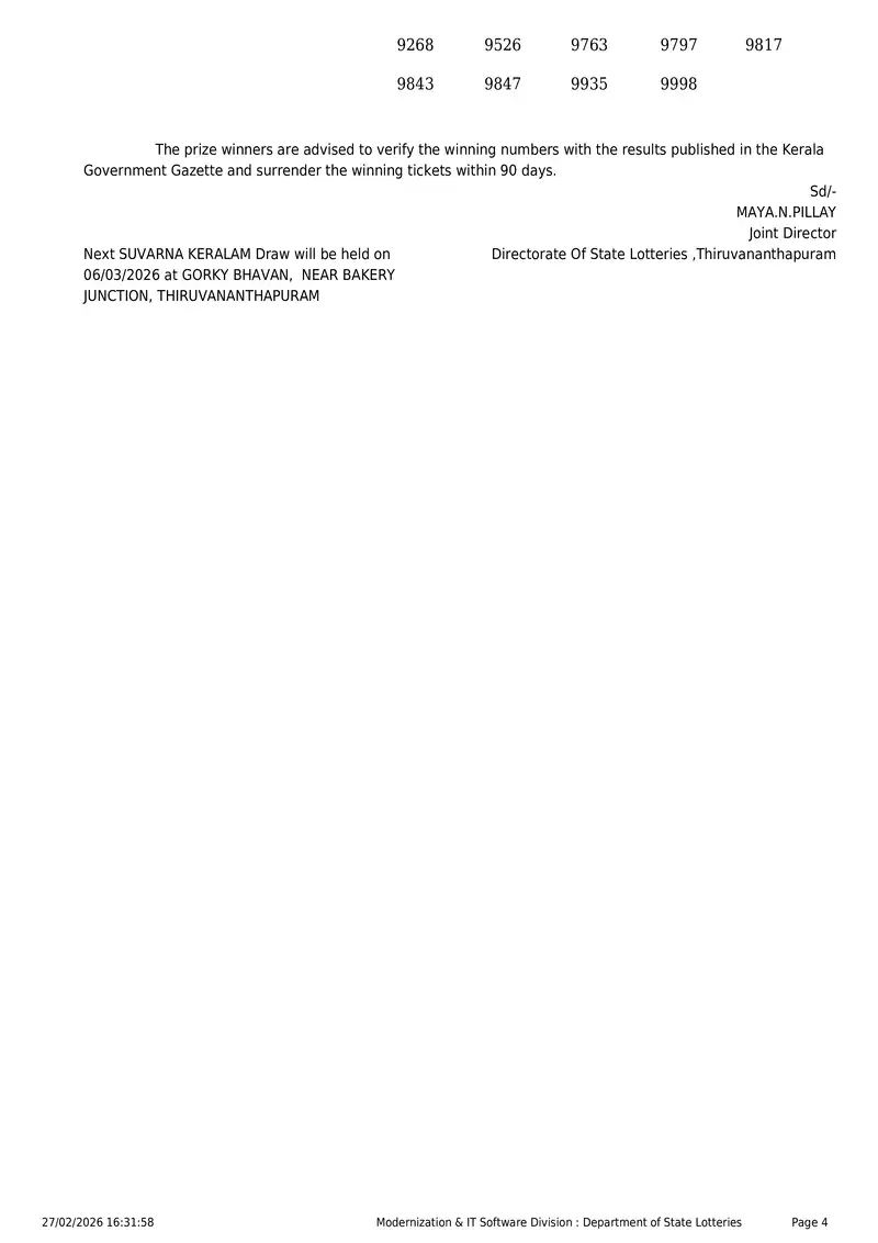 Kerala Lottery 3PM Result Page 4 - February 27, 2026