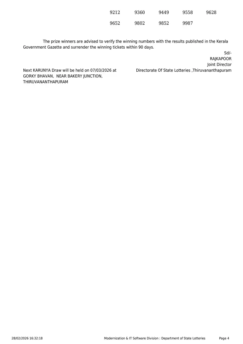 Kerala Lottery 3PM Result Page 4 - February 28, 2026